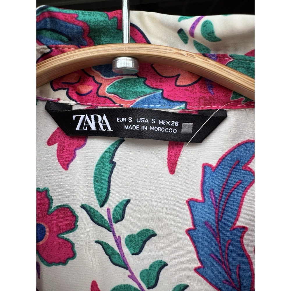 Zara Floral Satin Button Down Long Sleeve Blouse Small Preppy Boho Pink - Picture 4 of 7